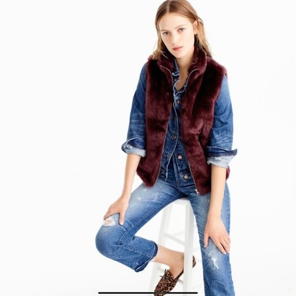 J. Crew Burgundy Faux Fur Vest Full Zip Size Small - Picture 3 of 11